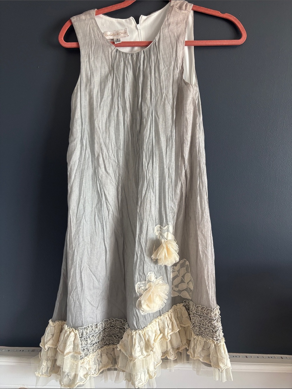 Ivory & Cream Ruffle Hem Sleeveless Dress with Floral Appliqués